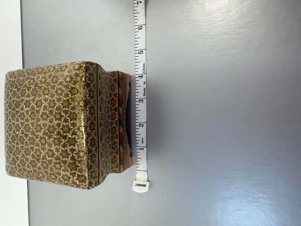 Vintage Persian Khatamkari‎ Inlaid Wood Footed Jewelry Box 4x4